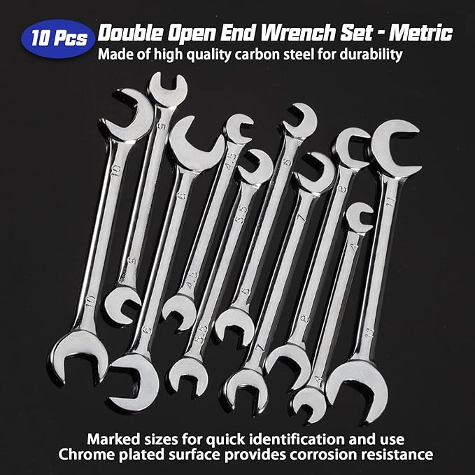 Mini Double Open End Wrench Set Metric 10 Pcs 4mm to 11mm with Portable Storage Pouches Mirror Chrome Finish Super Thin Open Ended Spanner Double Angle Head for Small Fasteners
