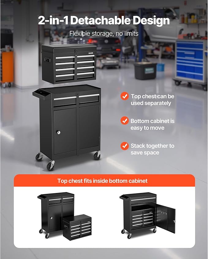 VEVOR Rolling Tool Chest, 2-in-1 Design, 5 Drawers Tool Cabinet Organizer with Detachable Top Metal Toolbox, Lock Bar, Protective Liner, and Tools Rack, Garage Storage Cabinet for Warehouse, Workshop