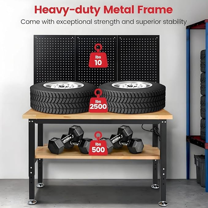 ENJOYWOOD 48" x 20" Heavy Duty Workbench Adjustable Height Garage Work Table with Solid Rubberwood Top, Double Layer Shelf, Pegboard & Power Outlets for Workshop, Home & Office