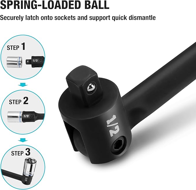 DURATECH Breaker Bar, 1/2'' Drive 24-Inch Breaker Bars Heavy Duty, with 240° Flex Head, Spring-loaded Detent Ball, CR-MO Head, Premium Black Phosphate Finish