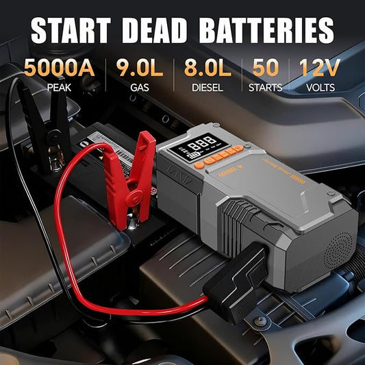 Jump Starter with Air Compressor, 5000A Battery Jumper Starter Portable (9.0 Gas/8.0L Diesel),150 PSI Tire Inflator, 12V Jump Box Car Battery Jumper Starter with Jumper Cables, LED Lights, LCD Display