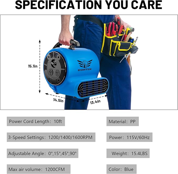 Air Mover Blower Fan, Industrial 1/3HP 1200CFM Monster Floor Blower Carpet Dryers - 3 Speeds Switch, 4 Adjustable Angles, 10FT Long Cord, Stackable - 2026 Upgraded