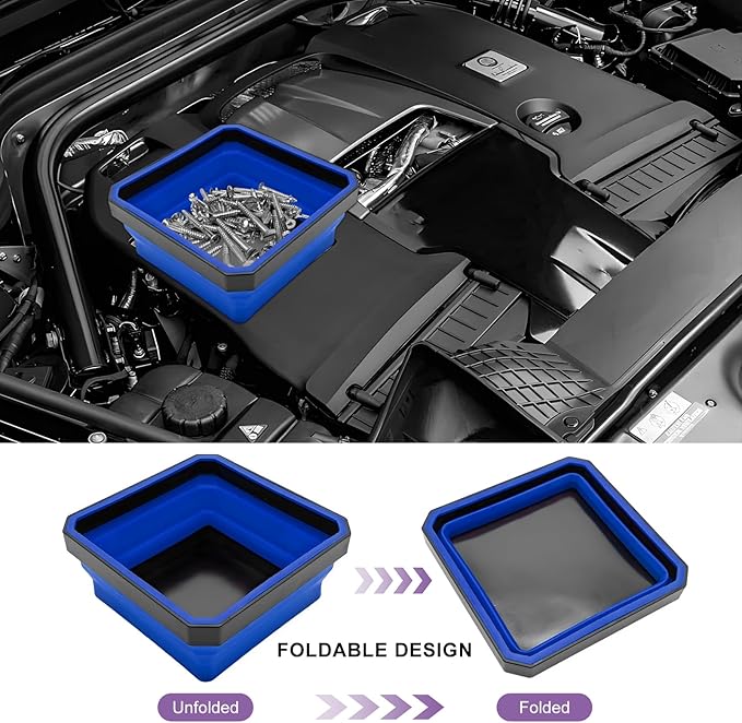 Collapsible Magnetic Parts Tray, 4.5" Square Silicone Metal Parts Organizer Double-Sided Magnet Bowl, Foldable Magnetic Tool Trays for Screws Bolts Nuts Washers Pins (Blue)