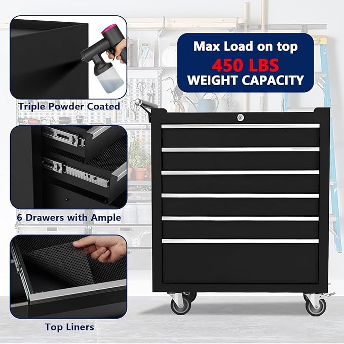 Rolling Tool Box with Wheels, 6 Drawer Tool Storage Cabinet, Portable Toolbox Organizer with Lock, Heavy Duty Tool Chest Cart for Garage, Mechanic, Workshop, Shop, Mobile Tool Organizer, Black