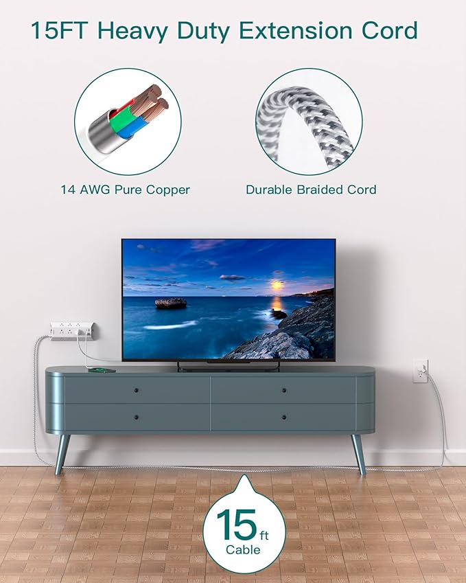 Surge Protector Power Strip 15 ft, Addtam Flat Plug Extension Cord with 4 USB Wall Charger(2 USB C Port), 9 Widely Outlets Desk Charging Station, Home Office and College Dorm Room Essentials