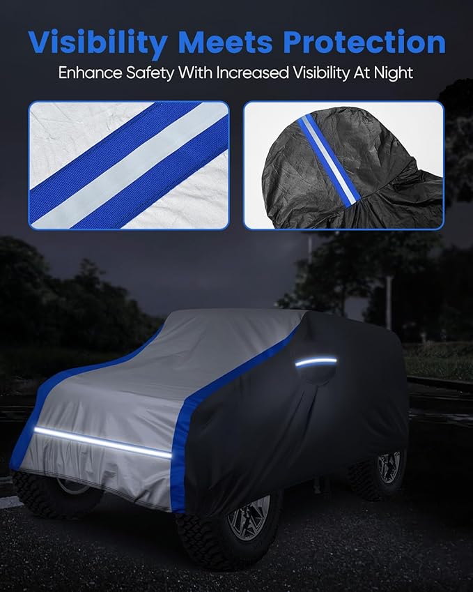 NOVSIGHT Car Cover for Jeep Wrangler 2 Door (2007–2025 JK JKU JL JLU), Waterproof All Weather Outdoor Cover, 6-Layer Heavy Duty, 60 MPH Windproof Straps, Reflective Strips, Soft Lining