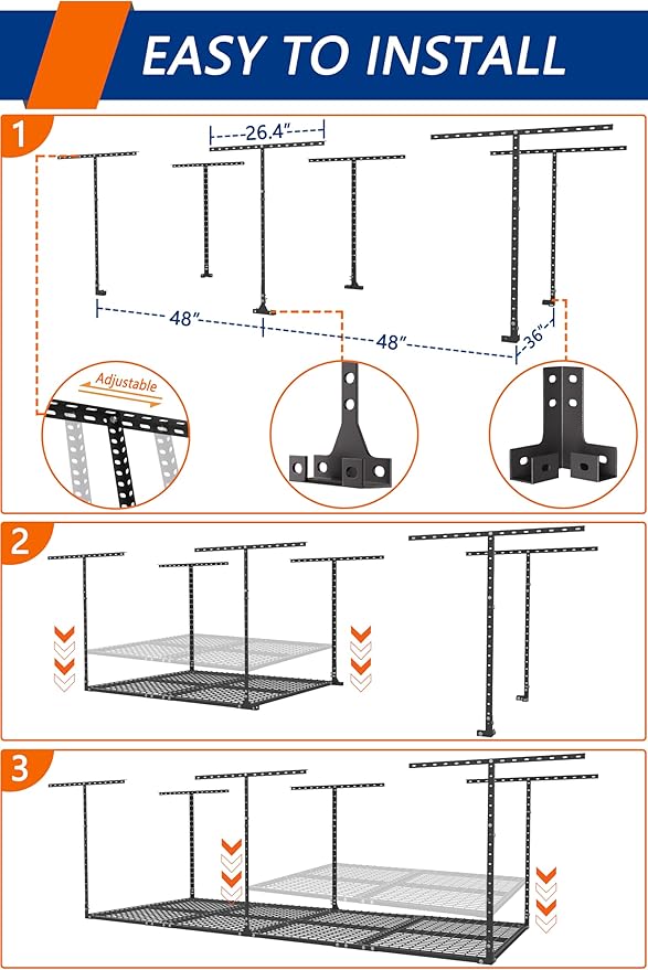 Soywey 3 x 8FT Overhead Garage Storage Rack, Adjustable Ceiling Storage Racks, Garage Shelving Heavy Duty Storage Organizer System,Load 600LBS Weight(Black)