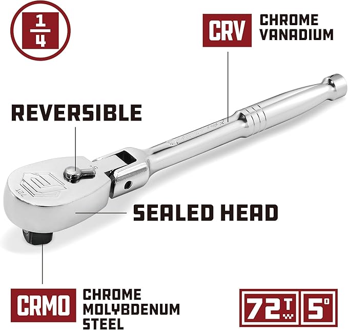 Powerbuilt 1/4-Inch Drive Flex Head Ratchet Handle, 72 Tooth Seal Head Ratchet Wrench, Full-Polish, Compact Teardrop Ratchet Head - 649933