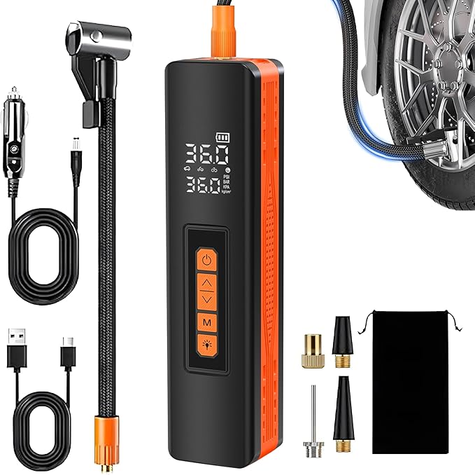 Tire Inflator Portable Air Compressor, 5X Faster 150 PSI Portable Tire Inflator for Car, Built-in Magnetic Storage, Auto Shut-Off Cordless Air Pump, LED Light for Cars, Motor, Bikes (Orange and black)