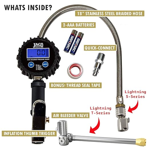 JACO FlowPro Digital Tire Inflator Gauge (200 PSI) with Lock-on Dually Air Chuck (Bundle Kit)