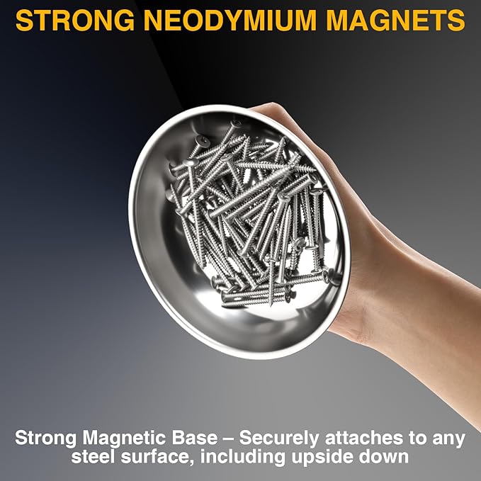 4-Piece Magnetic Tray Set, 2 Large Square & 2 Round Stainless Steel Trays with Strong Magnet for Tool Organization, DIY Stickers Included