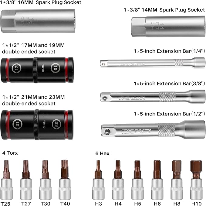 1/4 3/8 1/2-inch Drive Click Torque Wrench, 20Pcs Torque Wrench Set 20-260 in.lb,5-45 ft.lb,10-170 ft.lb, Dual-Direction 72 Tooth Dual Range Scales, 3% Precision for Bike Car Motorcycle Repair
