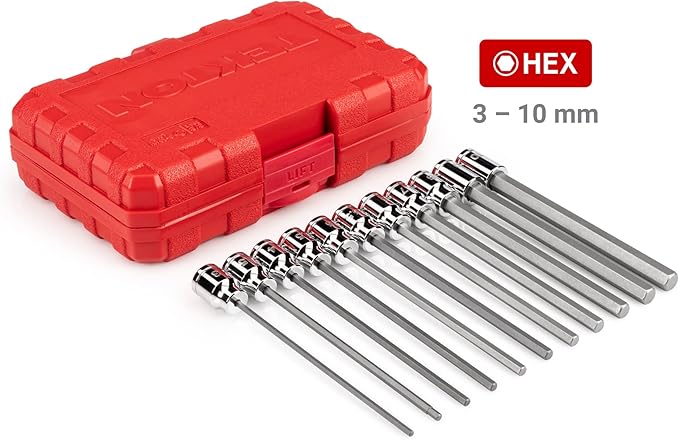 TEKTON 3/8 Inch Drive Long Hex Bit Socket Set with Case, 11-Piece (3-10 mm) | SHB91314