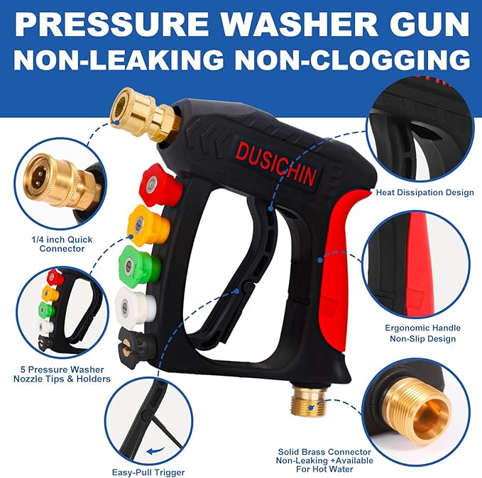 DUSICHIN Short Pressure Washer Wand High Spray Gun 5 Nozzle Holders 3000 PSI,Foam Cannon Attachment 1/4" Quick Connector Outlet,M22-14mm M22-15mm Fitting, Not fit for Garden Hose