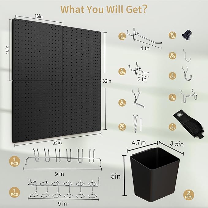 FZK Peg Board, Black Pegboard 4pcs and 46 Pegboard Hooks with Strong Ribs Back Holds up for 200Ib, Peg Board Organizer for Walls for Garage Workshop Office Kitchen, 16"*16"