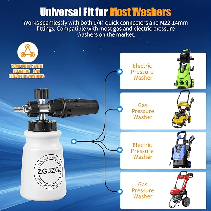 Foam Cannon for Pressure Washer - 1L Wide Mouth Car Snow Foam Cannon, 4000 PSI, Match M22 and 1/4” Quick,The Power Washer Accessories for Car Wash Cleaning, Great Gift for Car Owners