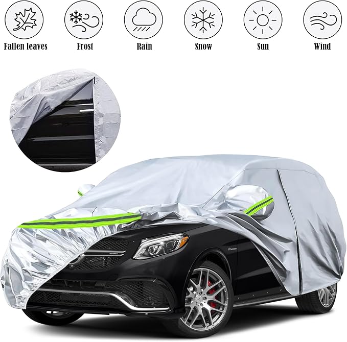 Waterproof Car Covers Replace for 2006-2025 Mercedes Benz ML/GLE Class 280 300 320 350, 6 Layers Silver All Weather Car Cover with Zipper Door & Windproof Bands for Snow Rain Dust Protection
