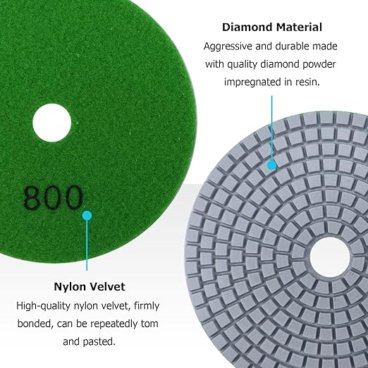 Diamond Polishing Pads 5 Inch with 5/8’’-11 Hook & Loop Backing Pads, 10pcs Wet/Dry Concrete Polish Tools Kit for Drill, Grinder, Polisher, 50-3000 Grit Polishing Set for Marble Granite Quartz Stone