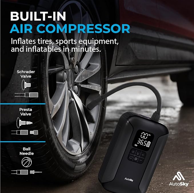 AUTOSKY 2-in-1 Jump Starter with Air Compressor – Starts Up to 6.0L Gas and 3.0L Diesel Engines – Portable Tire Inflator, LED Flashlight & Power Bank – Emergency Car Tool for SUV, Truck, Motorcycle