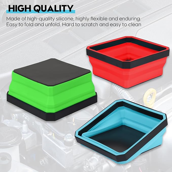 Upgrade Collapsible Magnetic Parts Tray Set-4 Pack Magnetic Tool Trays for Screw Bolts Nuts Washers Pins & Small Metal Parts, 4.5” Square Silicone Bowls with Magnetic Base(4 Color)