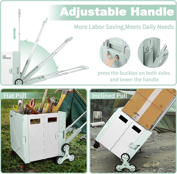 76L Folding Utility Cart Portable Rolling Crate Handcart Shopping Collapsible Tool Box with Stair Climbing Wheels,Hidden Lid,2 Rotate Wheels,for Grocery,Shopping,Office,Storage(Green White)