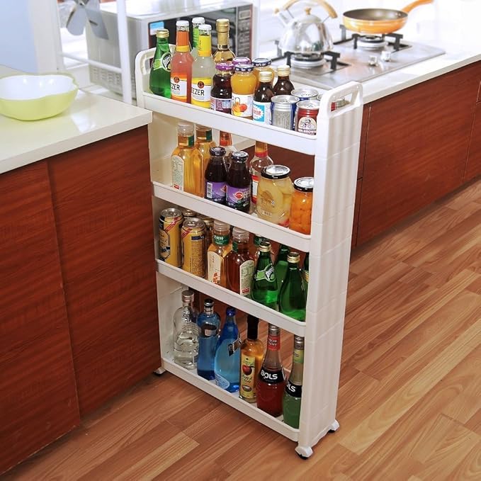 BAOYOUNI Slim Storage Cart Between Washer Dryer Cabinet Rolling Shelf Slide Out Tower Narrow Space Organizer Rack with Wheels for Laundry, Bathroom, Kitchen & Living Room (4-Tier)