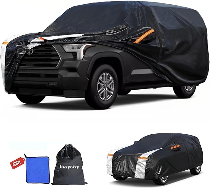 10 Layers Car Cover Custom Fit for Sequoia 100% Waterproof All Weather Automobiles, Gift with Towel, Heavy Duty Car Covers for Rain Sun UV Protection with Door Zipper.