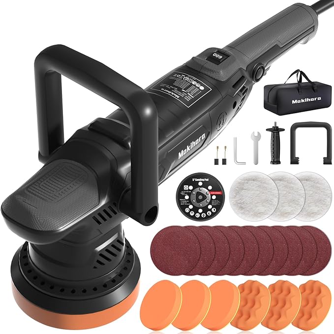 Car Buffer Polisher, 5 Inch Random Orbital Car Polisher, 1600W 6 Variable Speed 600-3600 RPM, 26Pcs Attachments, Polisher for Car Detailing, Boat Sanding, Scratch Removing