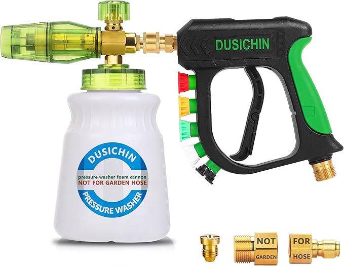 DUSICHIN Pressure Washer Gun with Foam Cannon,4000 PSI Car Wash Kit Snow Foam Lance Sprayer with 1/4" Quick Connector and 5 Nozzle Tips,1L Bottle DUS2702