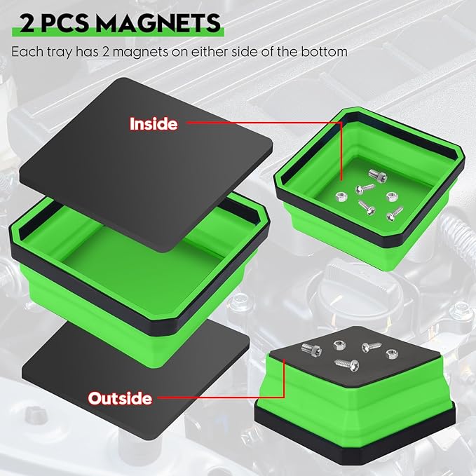 Collapsible Magnetic Parts Tray Set, 4 Pack New Version Magnetic Tool Trays for Screw Bolts Nuts Washers Pins & Small Metal Parts-4.5” Square Silicone Bowls with Double Sided Magnetic Base(Green)