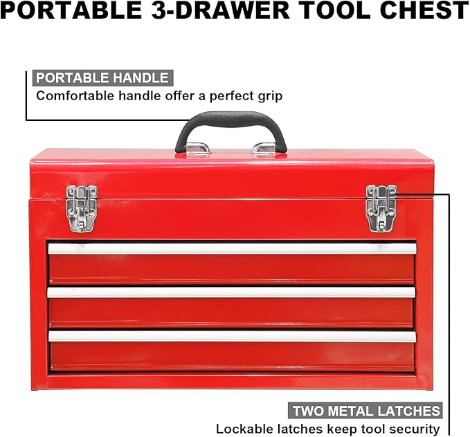 BIG RED ANTBD133-XB Torin 20.5" Portable 3 Drawer Steel Tool Box with Metal Latch Closure, Red