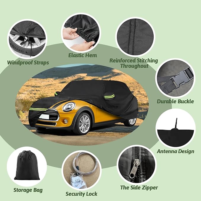Car Cover for 2014-2025 Mini Cooper/Cooper S/Hardtop/Clubman/Countryman 4 Door, Waterproof All-Weather Protection Full Cooper Car Cover with Cotton Lining and Zipper Door-Black