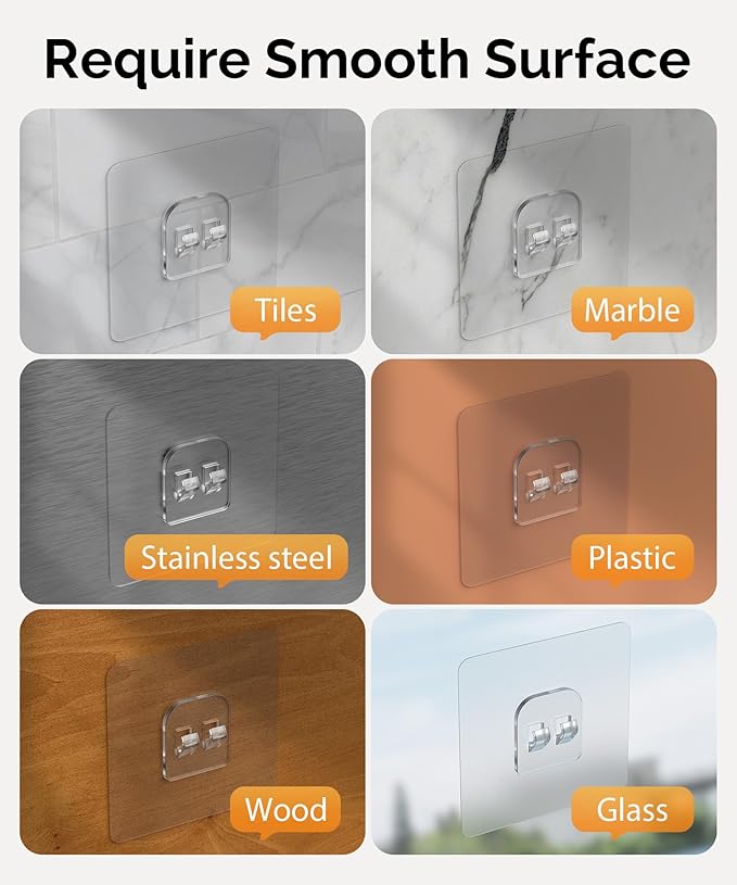 MaraFansie Transparent Adhesive Wall Hooks, Seamless Adhesive Hooks Sticker for Smooth Surface Bathroom/Office/Kitchen (12, 3 Types)