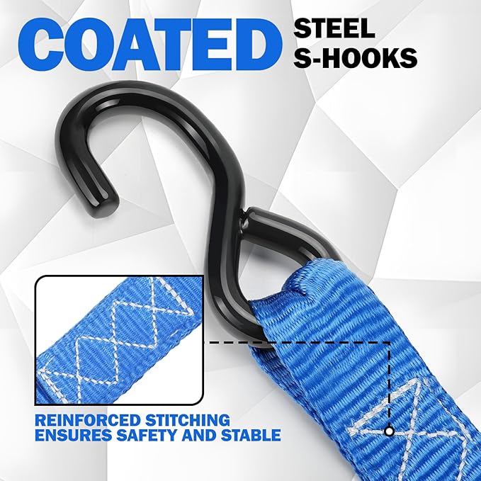 Heavy Duty Ratchet Straps with Hook - 1.6 Inch x 8 FT (5208 LB Break Strength) Tie Down Straps with S Hooks & Soft Loops, for Trucks, Cargo, Moving and Appliances（Blue/4 Pack）