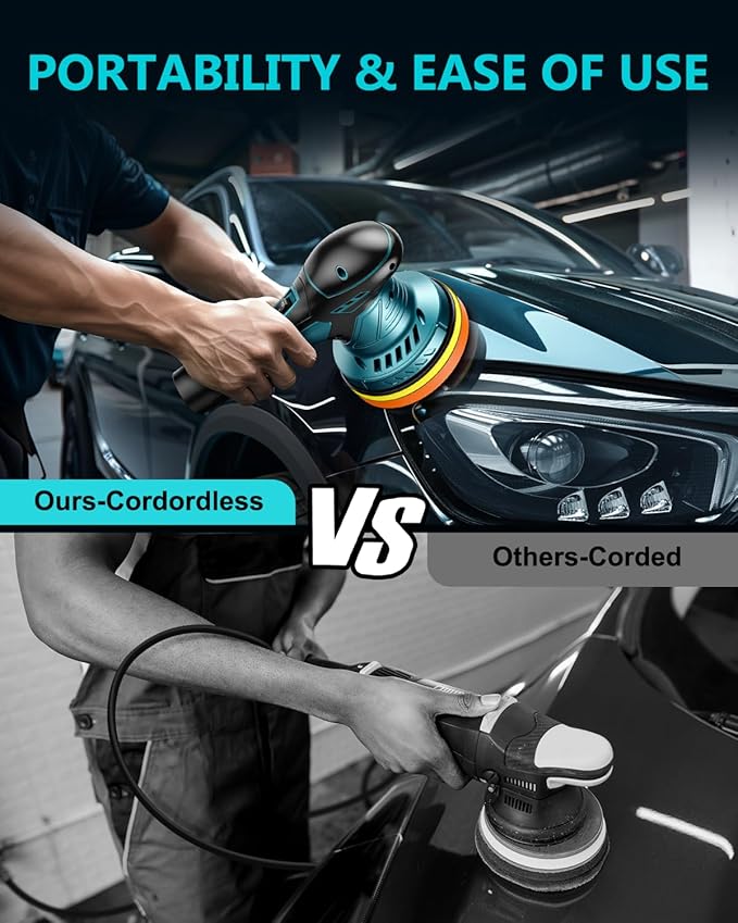 Cordless Car Buffer Polisher Kit - 6 Inch Dual Action Random Polishing Wax Machine for Car Detailing,2Pcs 2000mah Batteries,6 Variable Speed 2500-5000RPM,Orbital Polisher for Car Boat Polishing Waxing