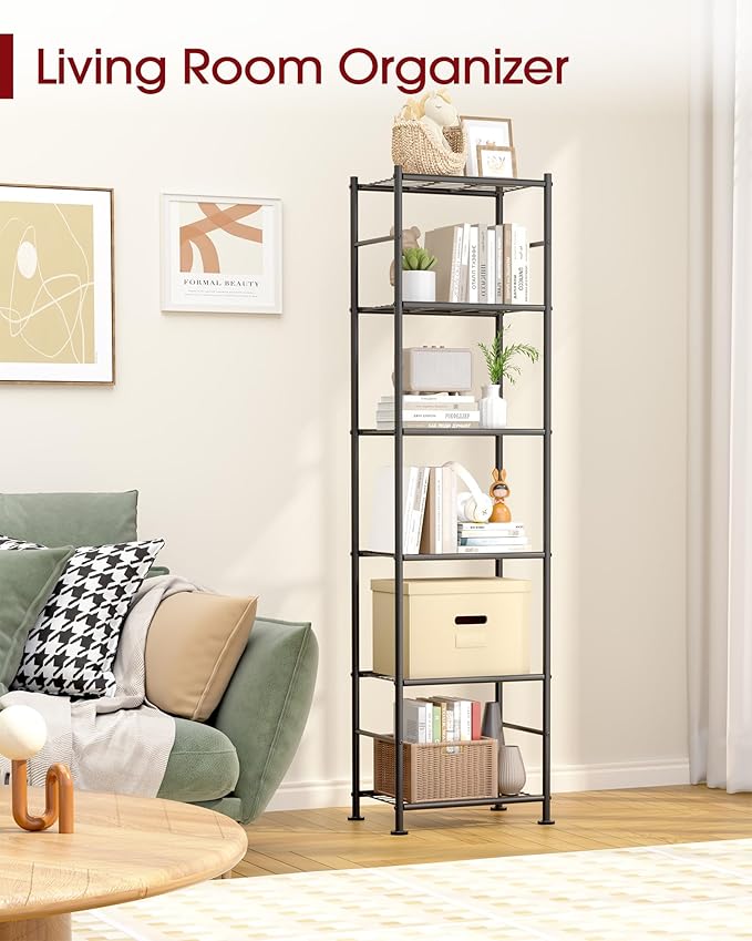 Sakugi 6-Tier Metal Storage Shelves - Slim Shelf Organizer with Reinforced Side Bars, Spacious Storage for Kitchen, Bathroom, and Laundry Room Organization, 18.2" x 12.5" x 70.1", Black