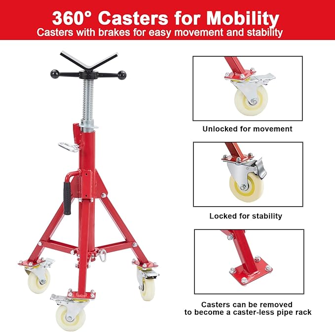 Towallmark V-Head Pipe Jack Stand with Casters, 28-52 Inch Adjustable Height,1/8"-12" Capacity, 2500 lb Load Capacity,Heavy Duty Carbon Steel Body, Steel Jack Stands with Portable Folding Legs