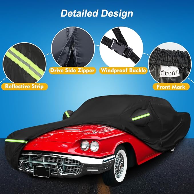 QUNSUNUS Car Cover for Ford Thunderbird 1958-1971 and 1977-1979, Waterproof All Weather 420D Windproof for Ford Thunderbird Car Cover Hail Protection with Zipper