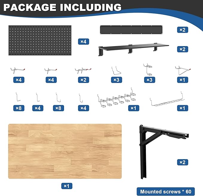 Ultrawall Wall Mounted Workbench with Pegboard, Folding Down Work Table Metal Pegboard Wall Organizer for Garage, Workshop, 48”X24”