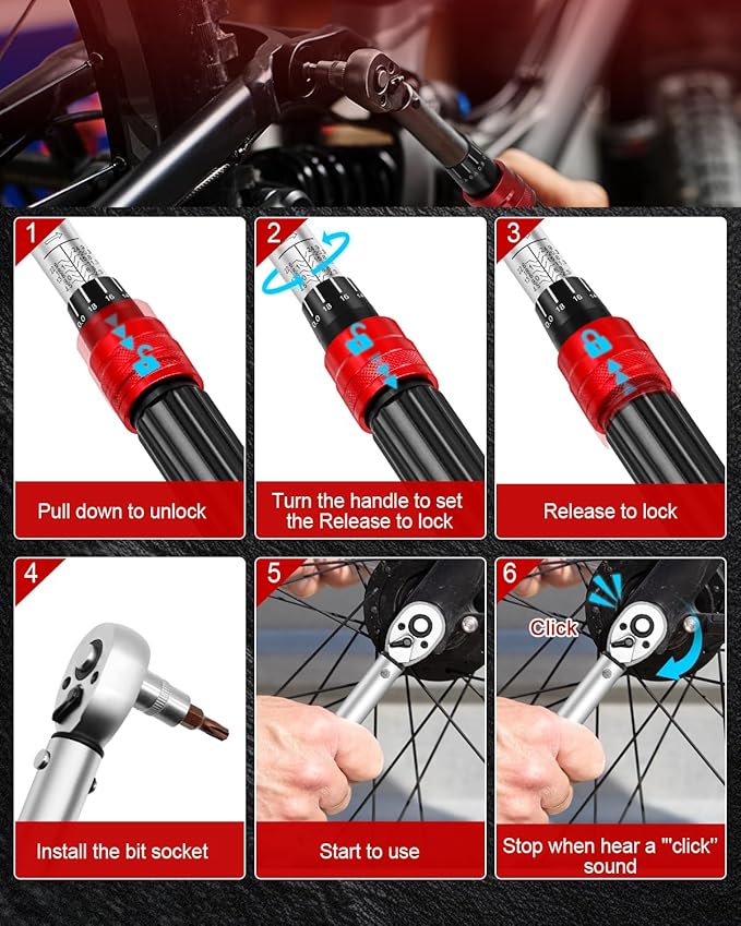 1/4inch Drive Torque Wrench Set, 32-Piece 10-220 in.lb (1-25 Nm) Click Bicycle Torque Wrench with Bit Sockets, 0.1 Nm Micro, 72-Tooth Ratchet, 3/8 Adapter, for MTB, E-Bike, Motorcycle