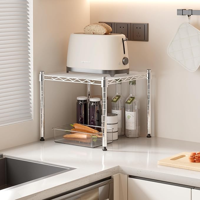 Whitmor 1 Tier Supreme Stacking Shelving Unit, Wire Metal Home Storage Organizer, 15" L x 14" W x 15" H, Chrome W/Liner