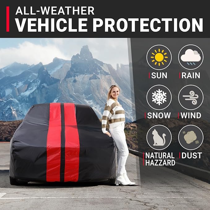 iCarCover Premium Car Cover for 1973 Ford Mustang Grande Heavy Duty Waterproof All Weather Automobiles Custom Fit Full Exterior Indoor Outdoor UV Snow Rain Protection Covers (Stripe - Black/Red)