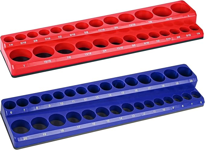 Magnetic Socket Organizer 2-Piece Magnetic Socket Holder 3/8 Inch Drive Metric SAE Trays Tool Storage Set Magnet Rail Holds 56 Sockets for Tool Box Drawer