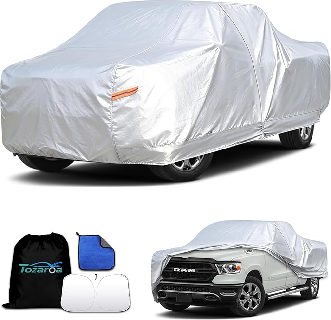 Car Cover Waterproof All-Weather,Heavy-Duty Outdoor Full Exterior Snow Cover for Truck 229-242 inch,with Sun Visor,Anti-Scratch Cotton Lining & Zippered,Towel&Storage Bag