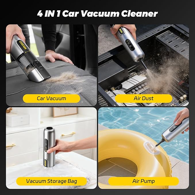Mr.ego Handheld Car Vacuum Portable Cordless, 4-in-1 Mini Vacuum with 18500Pa Strong Suction, Desk Vacuum Cleaner and Air Duster with Green LED Light for Small Jobs, Car, Home, Keyboards (Silver)