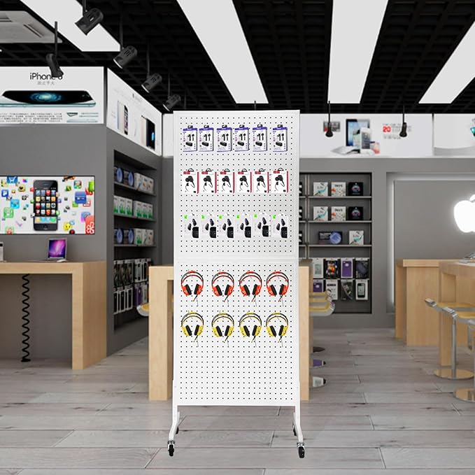 Eastern Tree Metal Pegboard Display Stand 2'x 5' with 30 Hooks, Pegboard Panels Display with Wheels, Peg Board Display Rack, Standing Pegboard Display- White