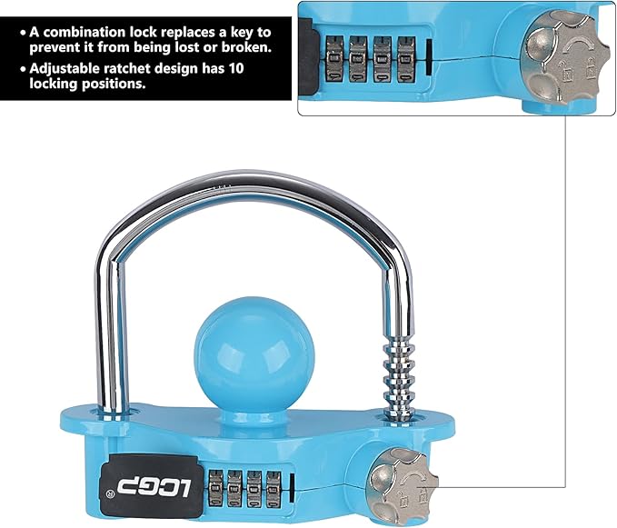 LCGP Blue Trailer Hitch Lock with Combination Lock, Fits 1-7/8,2 and 2-5/16 Inch Couplers,Adjustable Storage Security, Heavy-Duty Steel