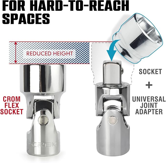 CROM Universal Flex Socket Set - 3/8 Inch Drive 6-Point 10-Piece Swivel Socket Set from 10mm to 19mm Metric - Swivel Joint for Easier Access to Tight Spaces - Aluminum Socket Storage Rail Included