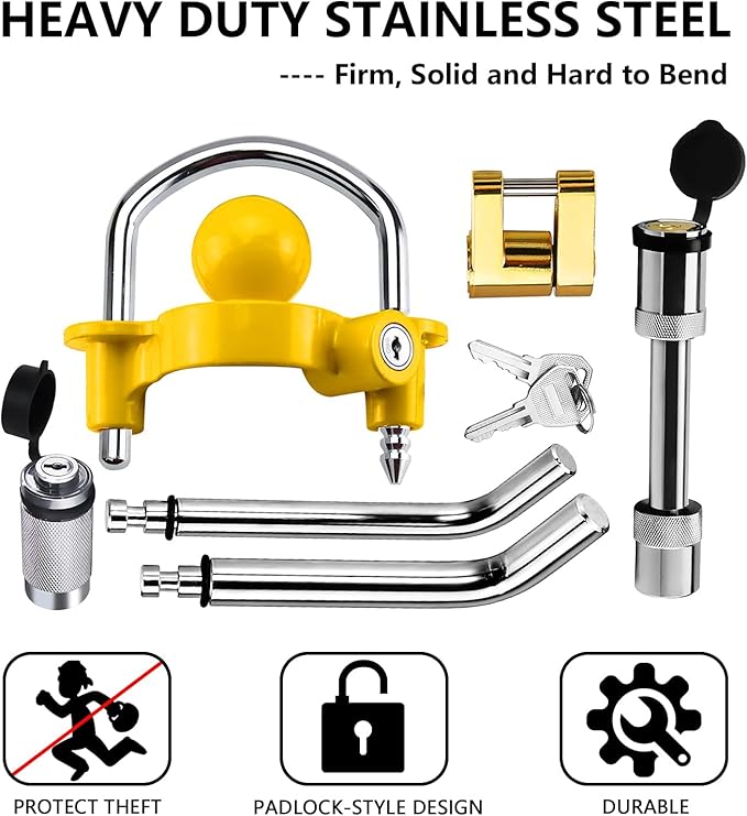 Funmit Trailer Hitch Security Lock Set Including Yellow U-Shaped Universal Ball Hitch Lock, 1/2" and 5/8" Receiver Hitch Pin Lock, Golden Trailer Hitch Lock Coupler Locking Pin, Share the Same 2 Keys