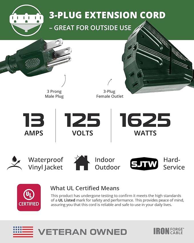 Iron Forge Cable 15ft Green Outdoor Extension Cord with 3 Outlets - 16/3 SJTW 15ft Extension Cord 3 Prong, 13 Amp All-Weather Heavy Duty Power Cable